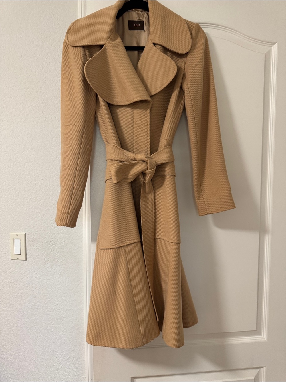 REISS Camel Belted Fit & Flare Coat Oversized Collar Luxury Tailored - wool